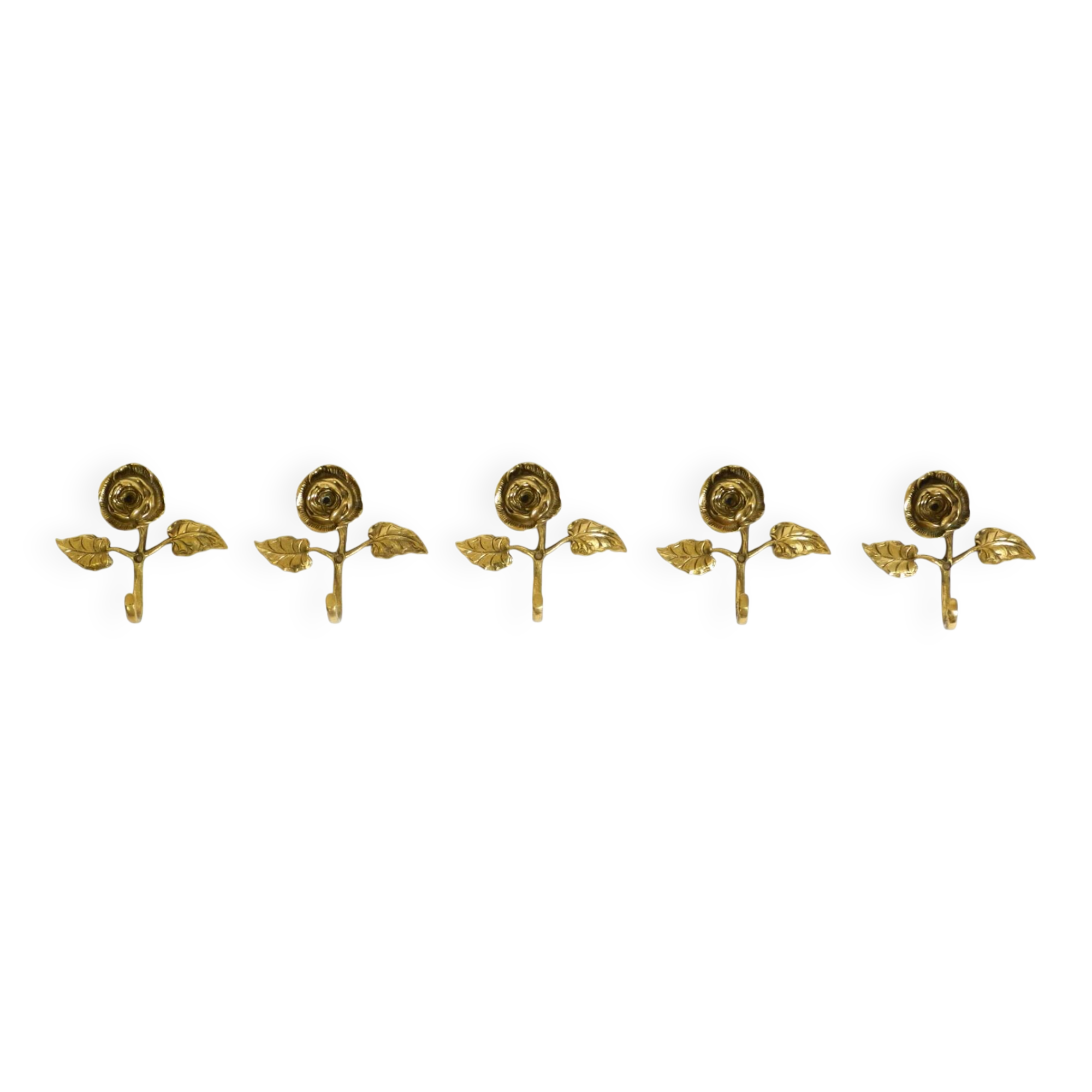 Set of five beautiful, solid mid-century brass rose wall coat hooks