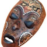 African Hanging Mask / Tribal Carved Wood Inlaid with Mother of Pearl Long