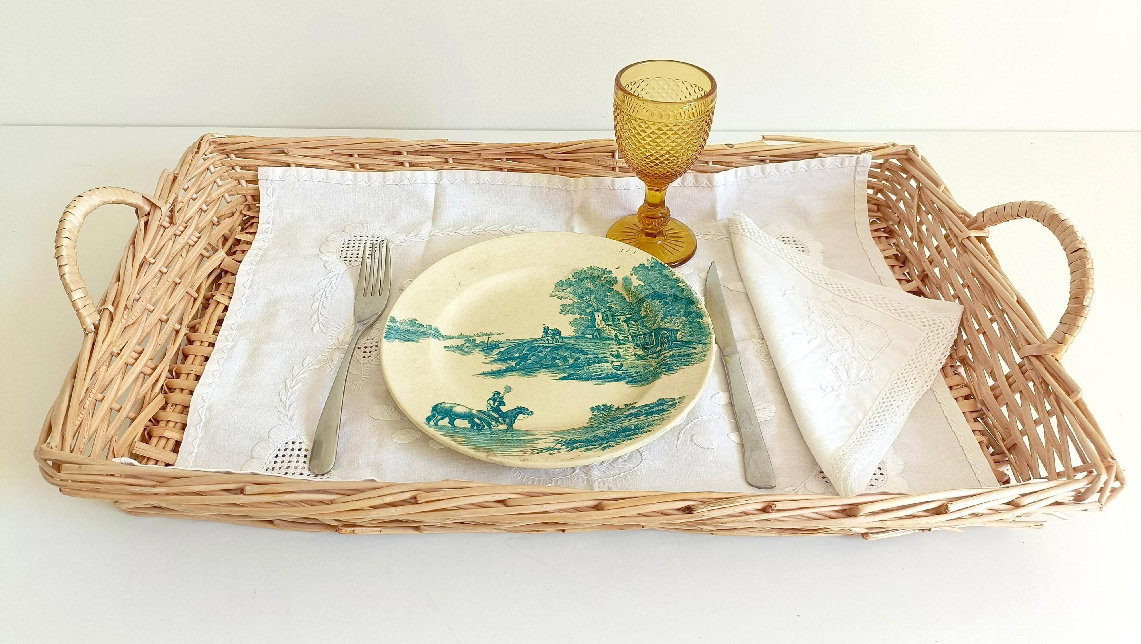 French Provence Large Wicker Basket Tray, Handwoven in France, Late 20th-C