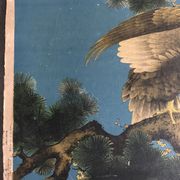 Ancienne estampe d’asie à décor polychrome d’aigle sur une branche xixème