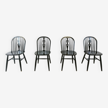 Ensemble de 4 chaises de salle à manger Ercol noircies, années 1950