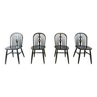 Set of 4 Ercol Ebonized Dining Chairs, 1950s