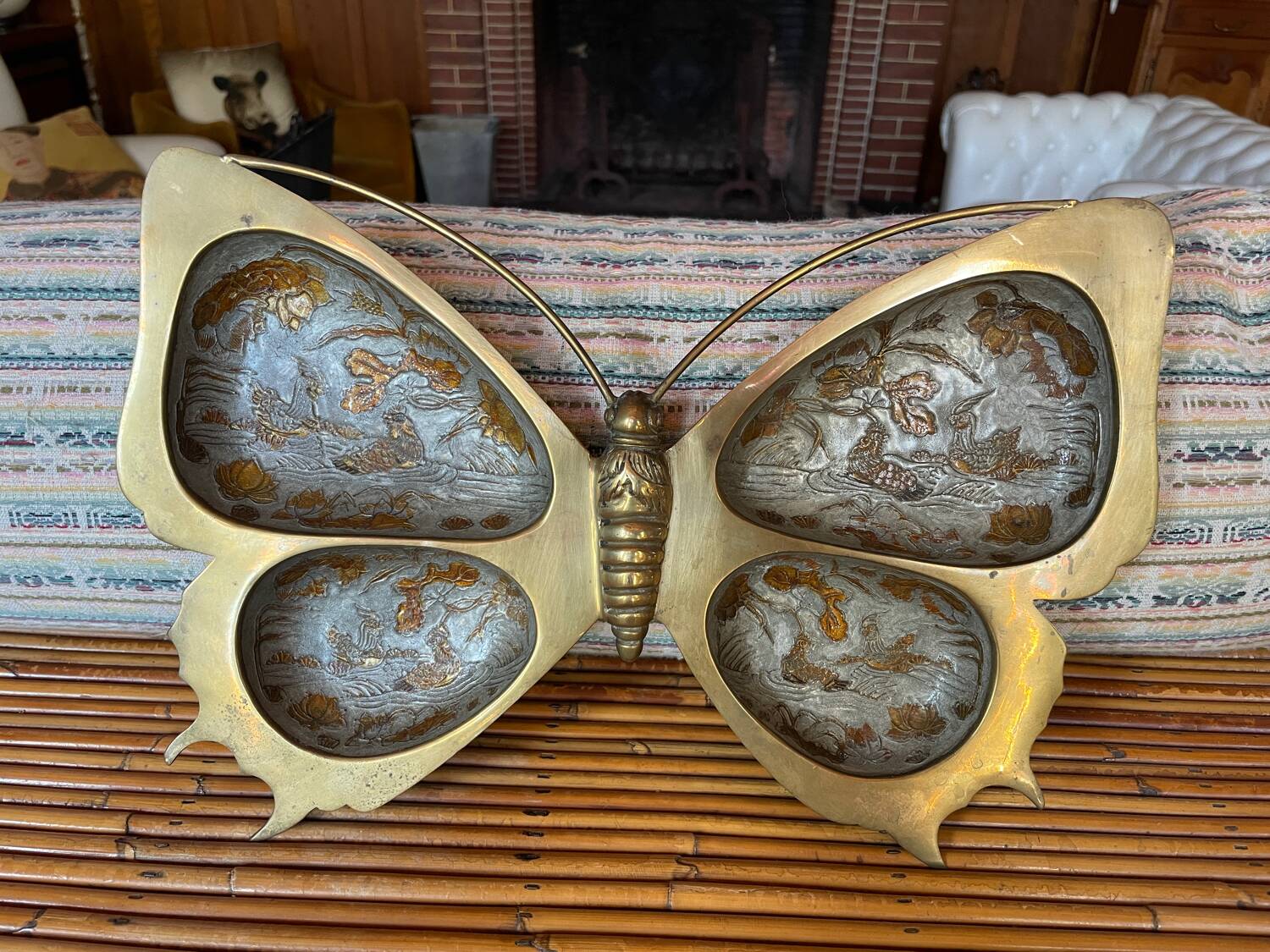 XL butterfly-shaped brass cloisonné trinket tray