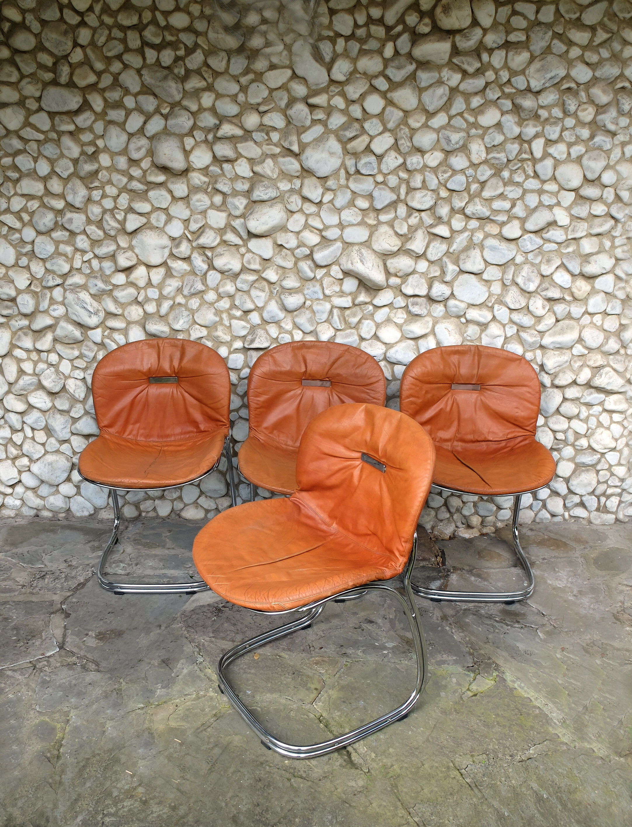 Series of 4 chairs Sabrina design Gastone Rinaldi for Rima, tawny leather, 1970