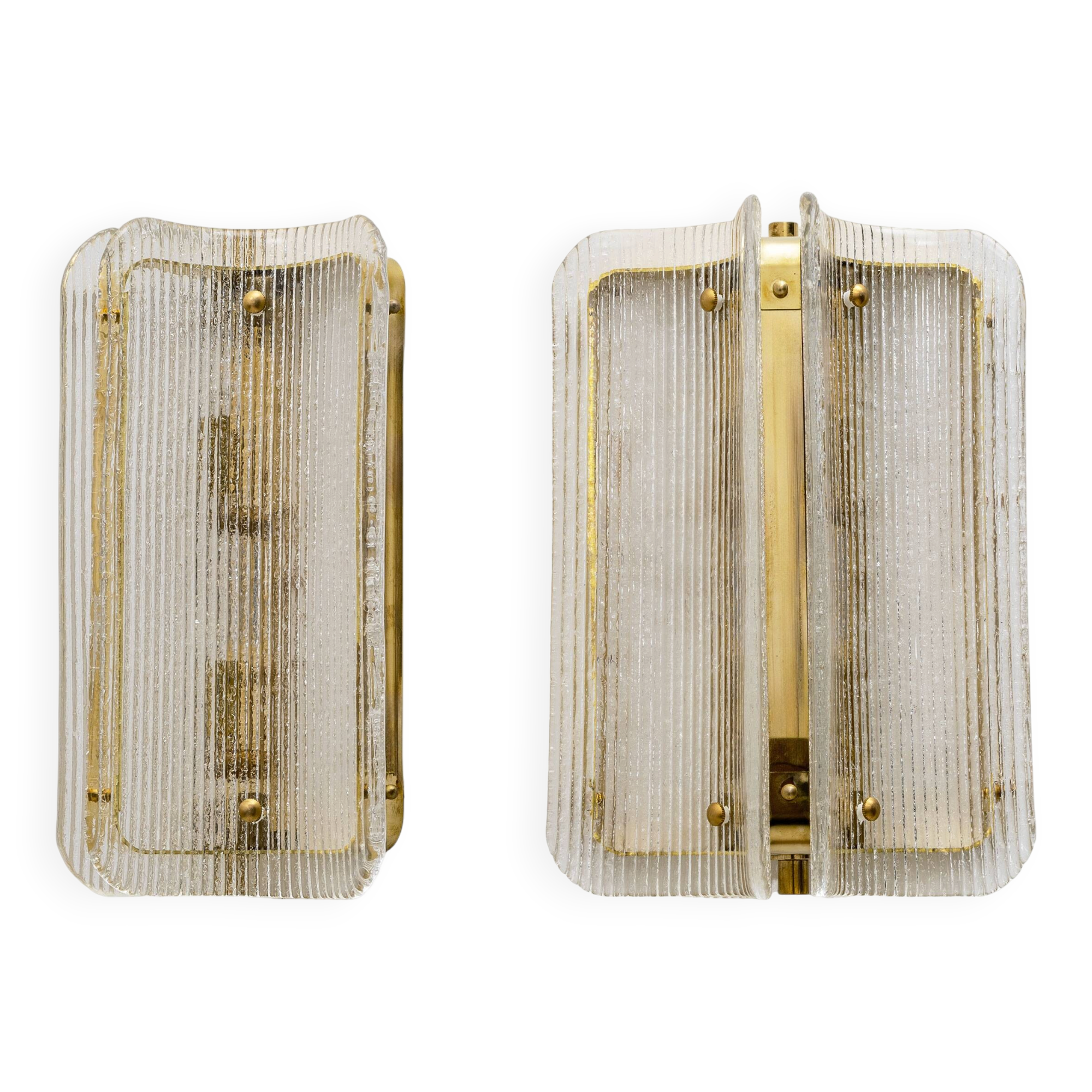 Pair of Curved Clear Ribbed Murano Glass and Brass Wall Sconces