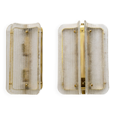 Pair of Curved Clear Ribbed Murano Glass and Brass Wall Sconces