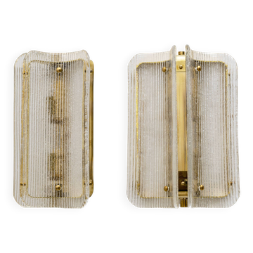 Pair of Curved Clear Ribbed Murano Glass and Brass Wall Sconces