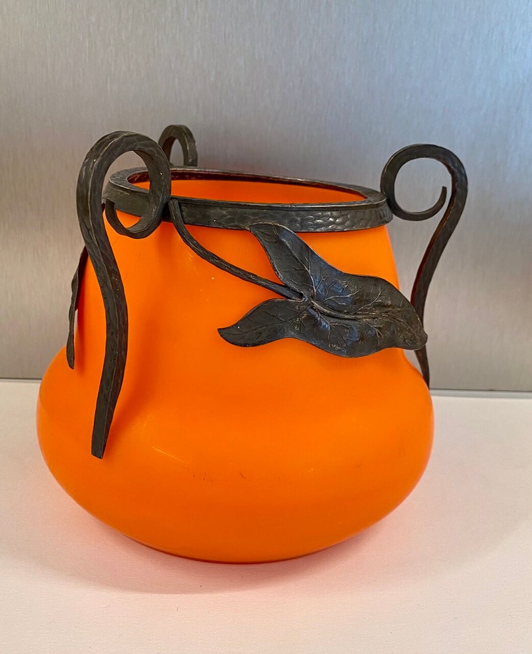 Orange glass vase, signed Val, 30s/40s