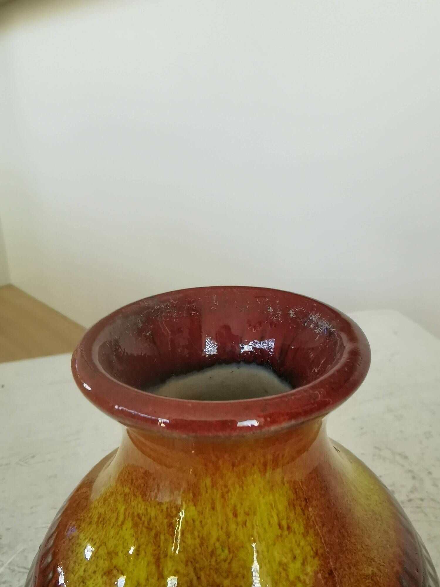 Vintage Scheurich Fat Lava Vase: West German Red & Yellow Pottery