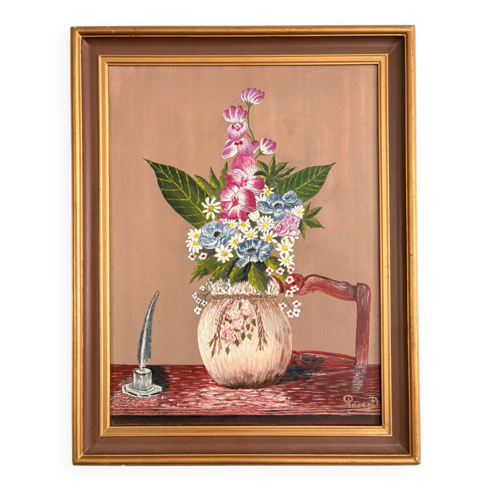 Old Oil Painting on Canvas Still Life Flower Bouquet Framed