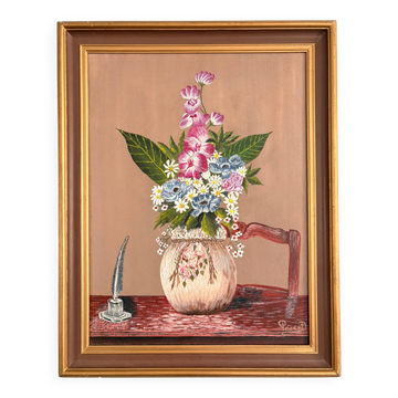 Old Oil Painting on Canvas Still Life Flower Bouquet Framed