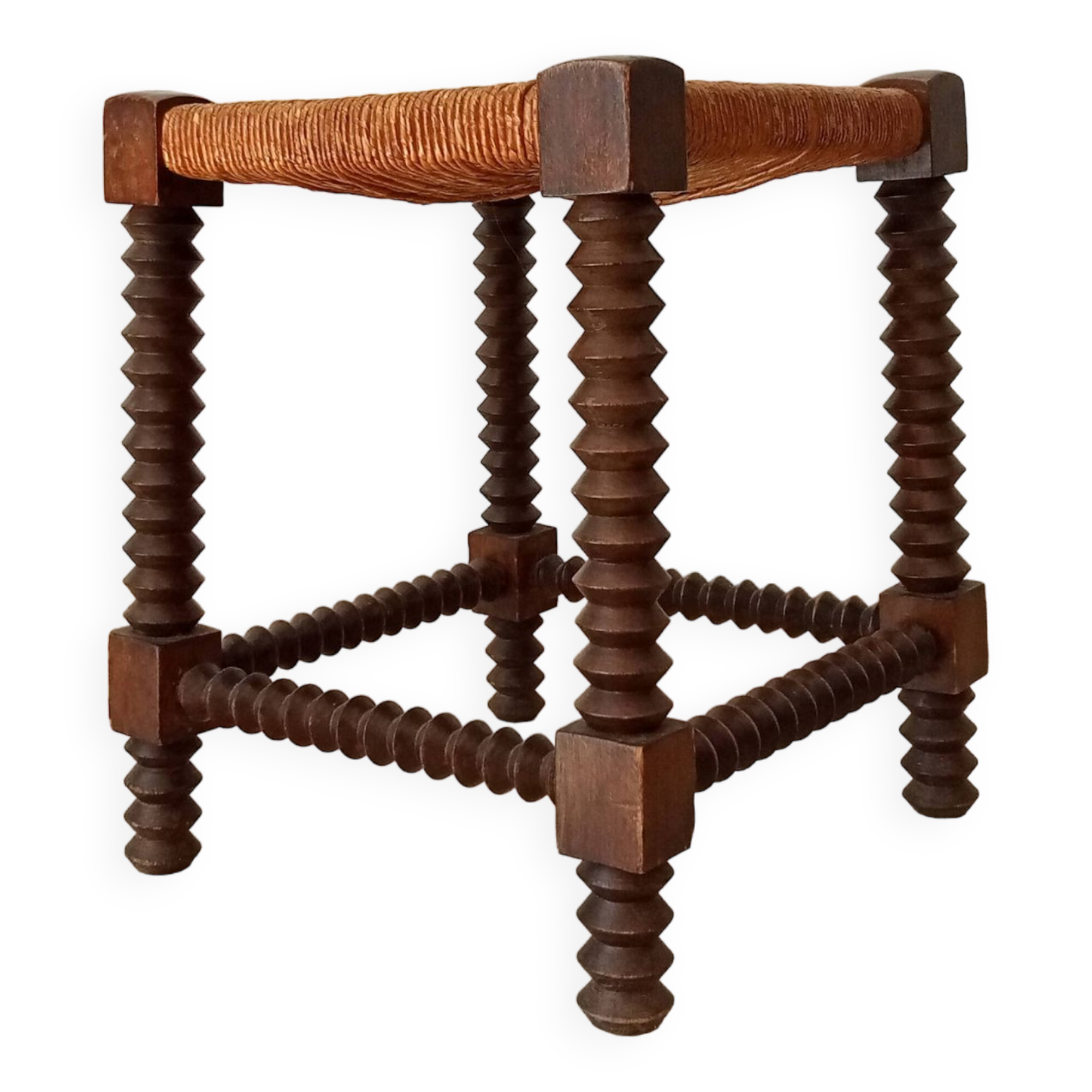 Vintage straw stool in turned wood 50s/60s