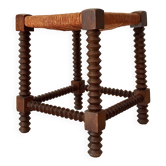 Tabouret vintage paillé en bois tourné années 50/60