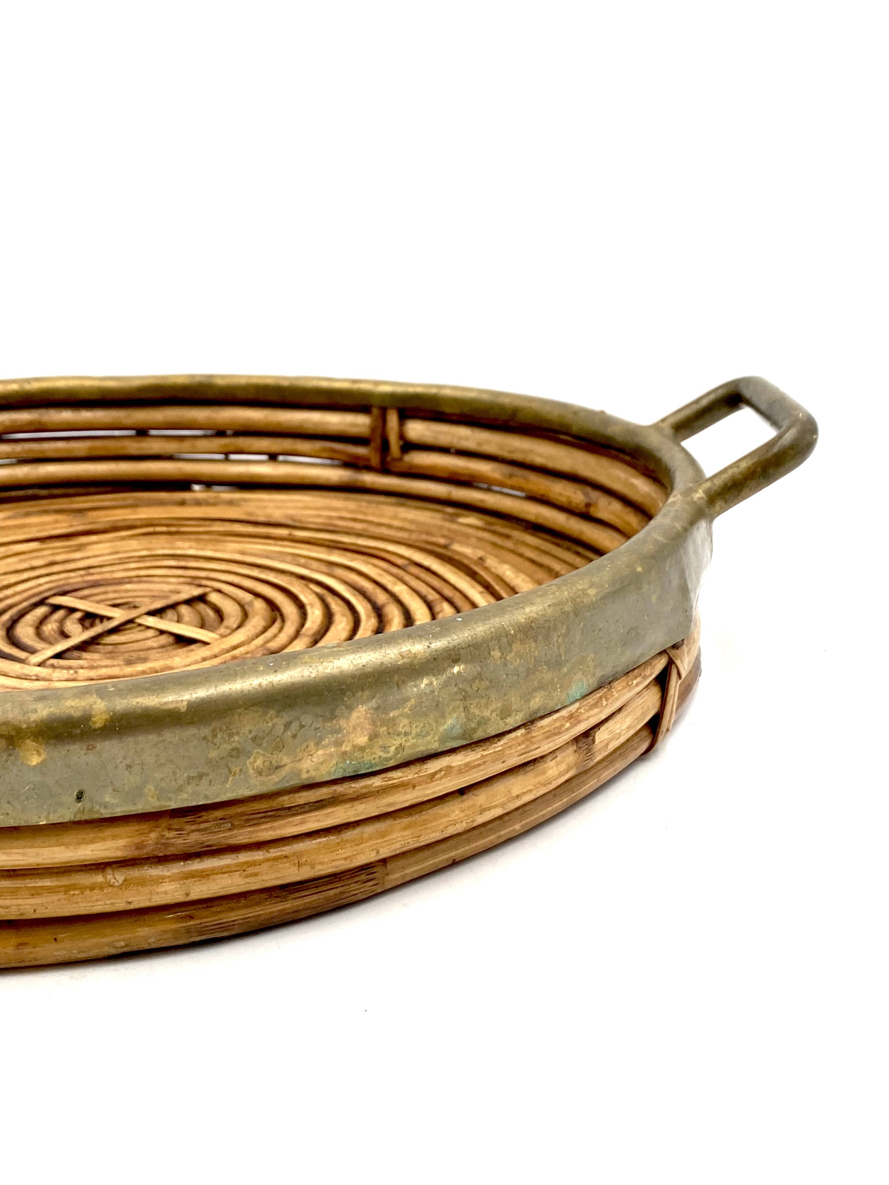 Hollywood regency brass and wicker vide poche, Italy ca. 1970