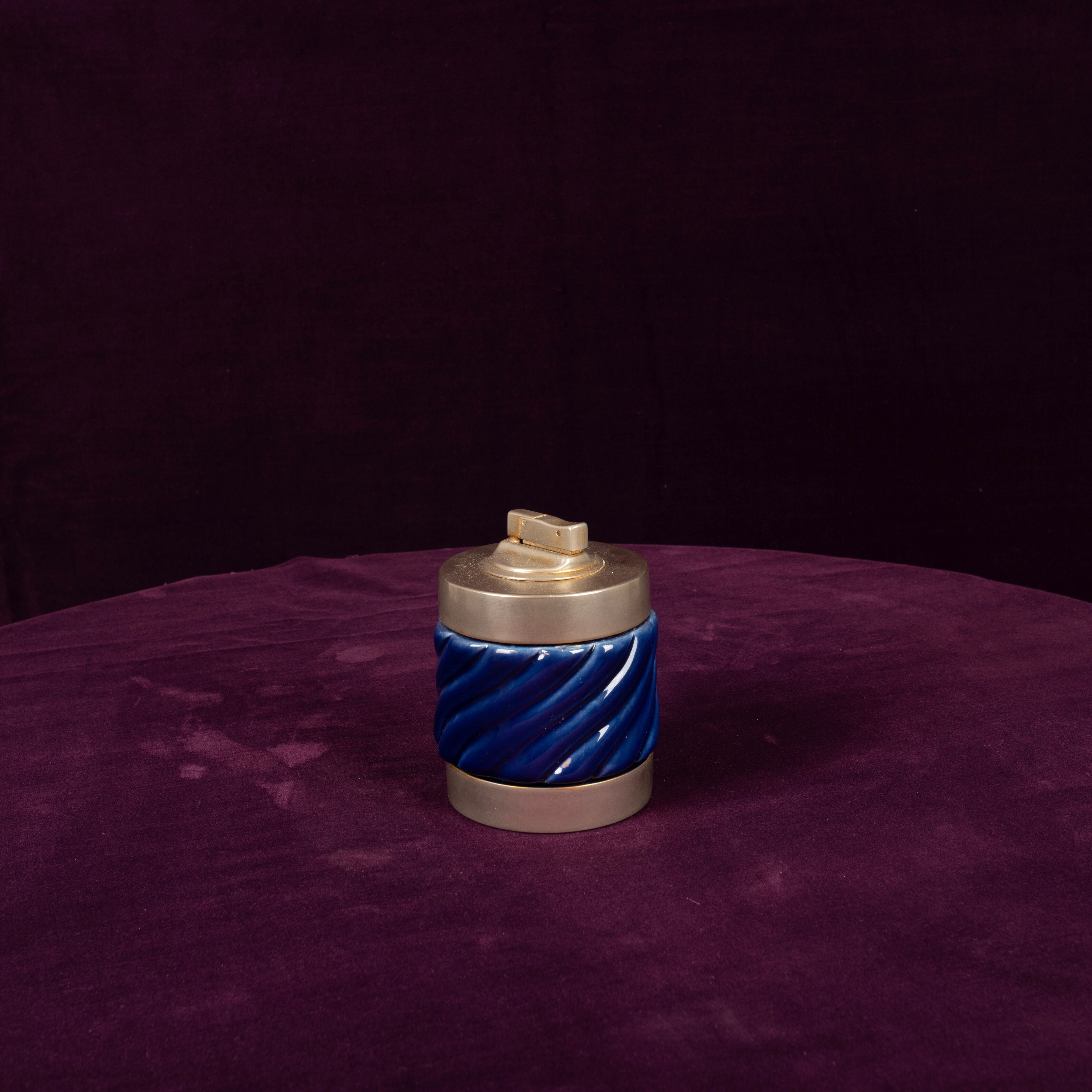 Tommaso Barbi Blue Glazed Ceramic and Brass-Toned Metal Table Lighter, 1970