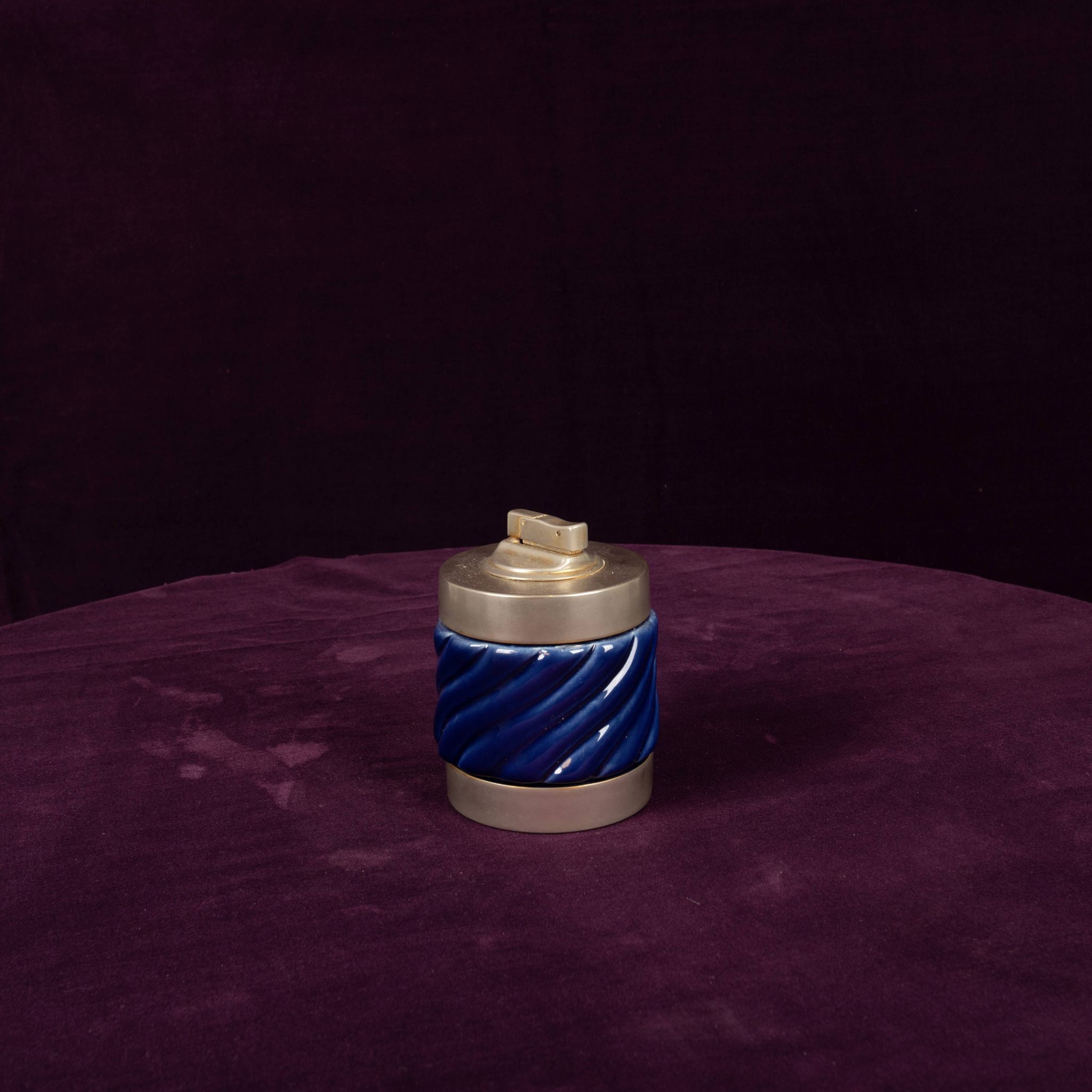 Tommaso Barbi Blue Glazed Ceramic and Brass-Toned Metal Table Lighter, 1970