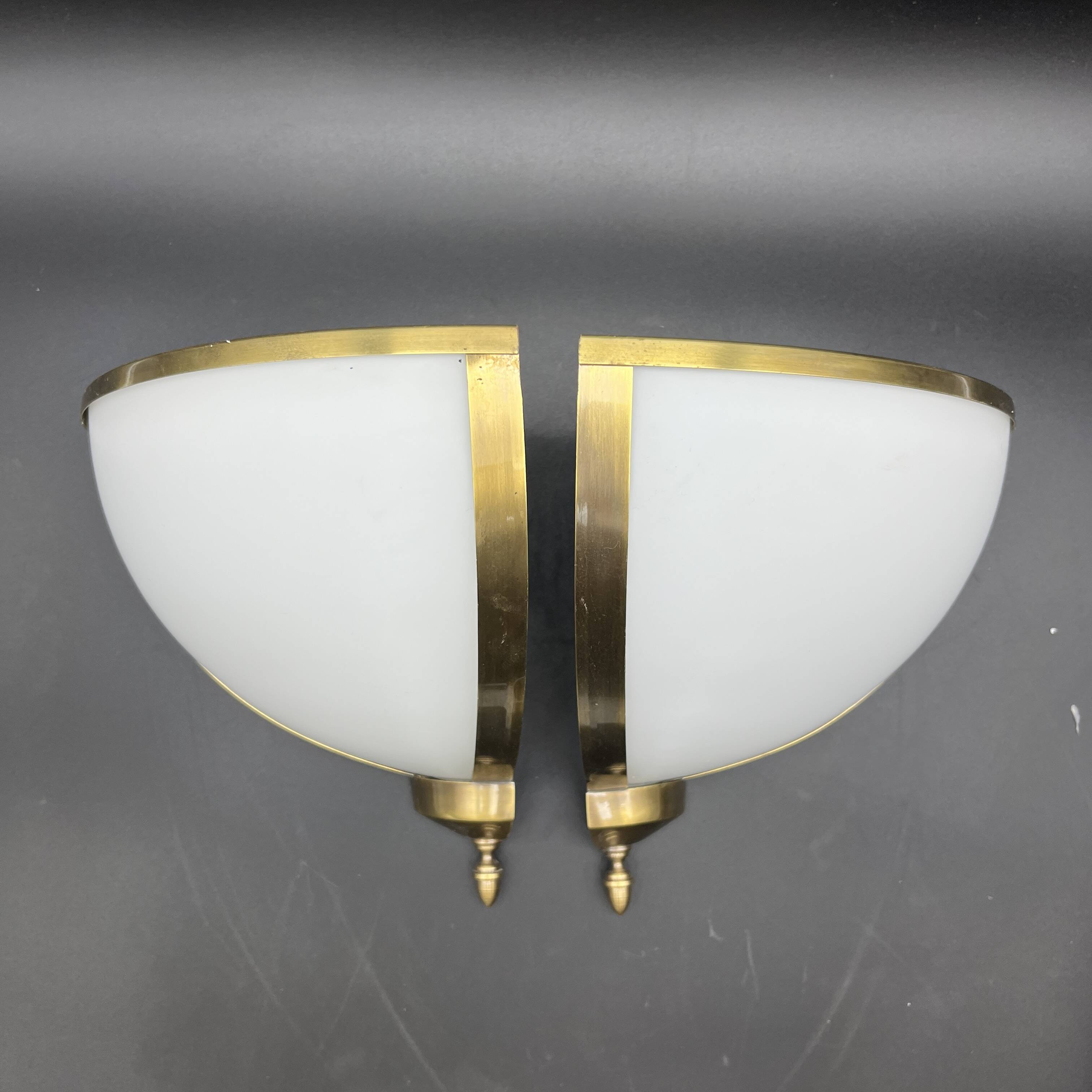 Pair of corner sconces in golden brass and matt opaline