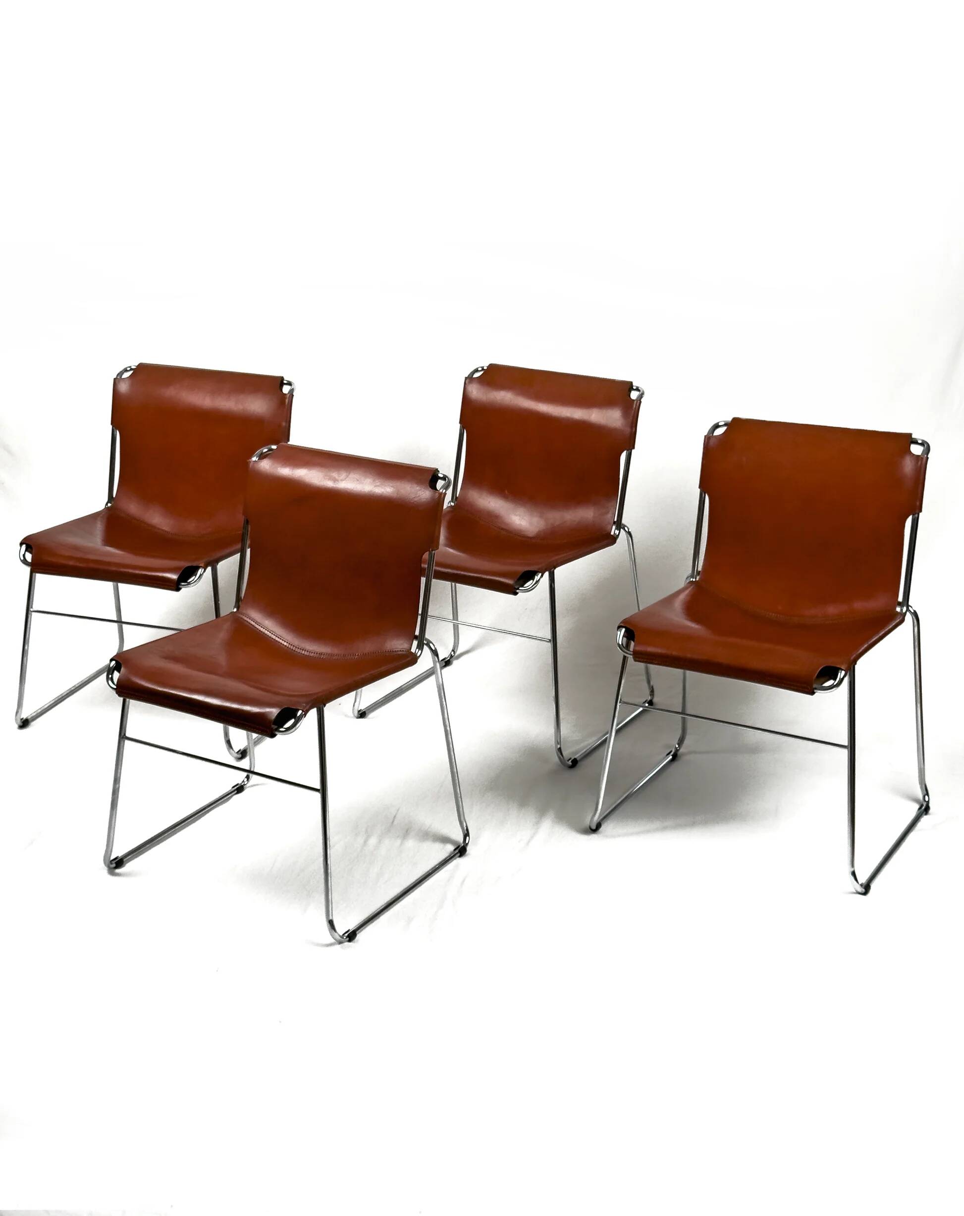 Set of 4 vintage Italian chrome & leather chairs 1970s