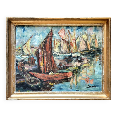 Tableau Vintage - Marine à l'Huile sur Toile, Signé J. Paradis – XXe