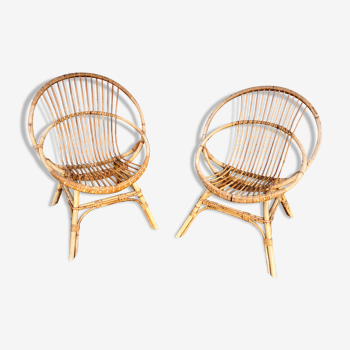 Pair of chair loveuse rattan armchair bamboo 1950