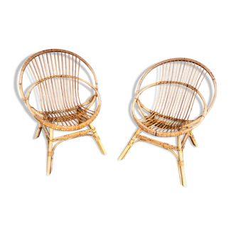 Pair of chair loveuse rattan armchair bamboo 1950