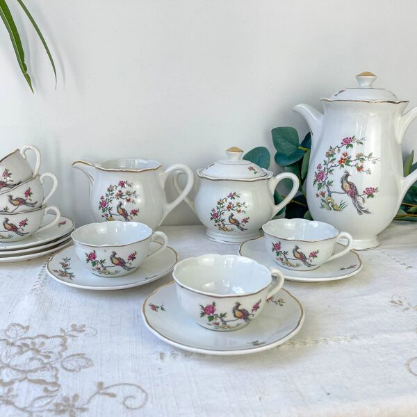 Service à thé vintage Digoin Sarreguemines – Modèle Corde – Motif Oiseau de Paradis