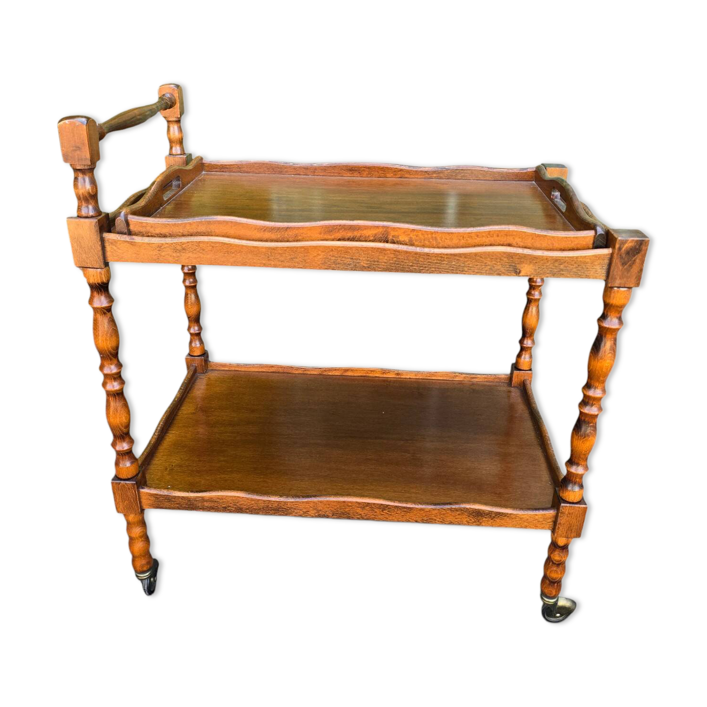 Desserte roulante vintage en bois tourné avec plateau amovible