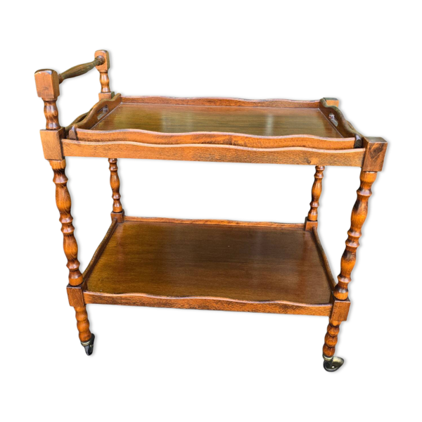 Desserte roulante vintage en bois tourné avec plateau amovible