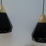 Two pendant lamps design black iron and light wood