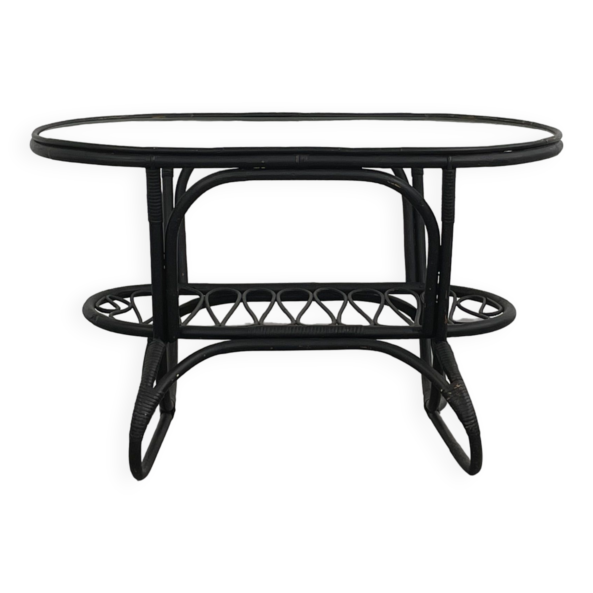 Black rattan and glass coffee table