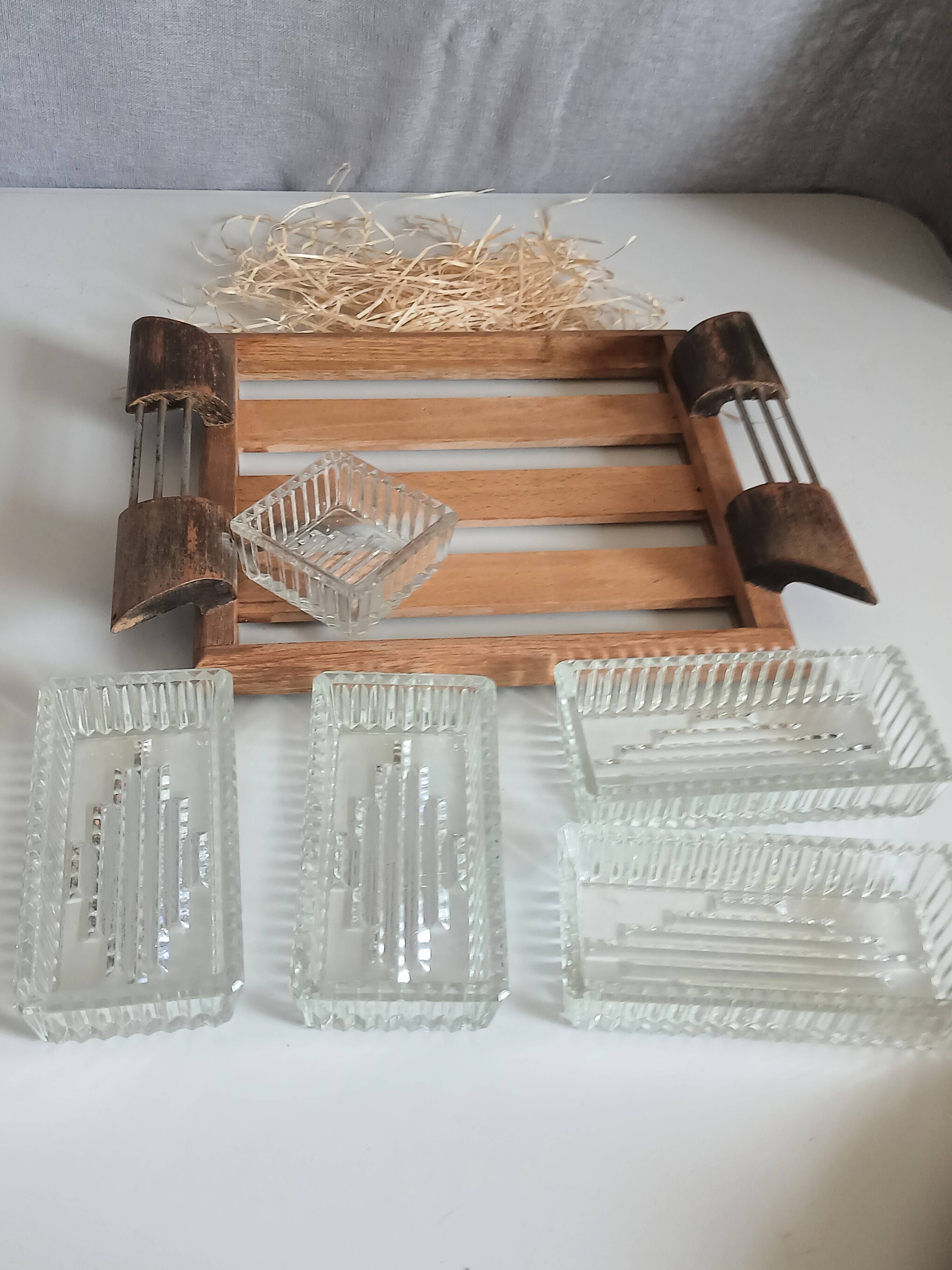 Plateau de service apéritif compartimenté en bois et verre vintage art déco