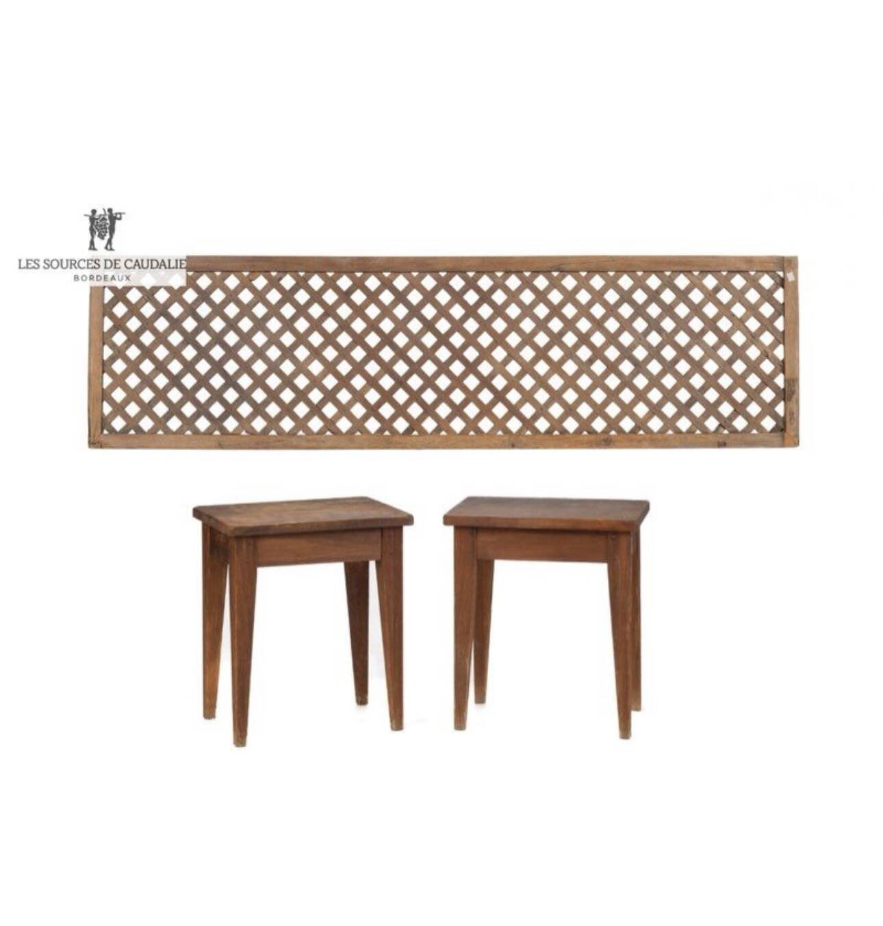 Headboard and its two wooden bedside tables.