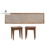 Headboard and its two wooden bedside tables.