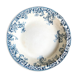 Round and hollow dish Boulenger & Cie in white and blue enamelled iron earth, "Wild rose" service