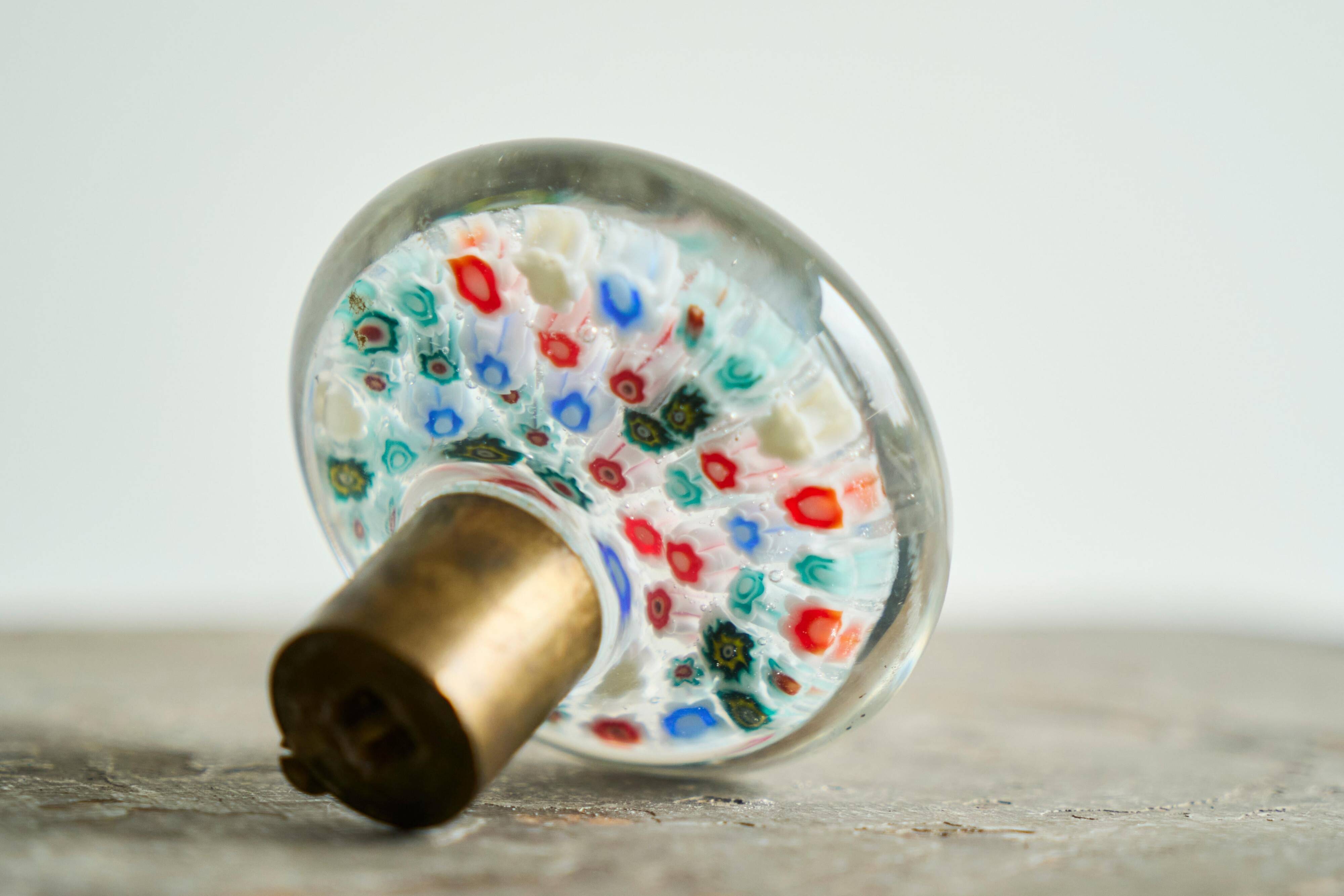 Millefiori glass door knob from Murano and patinated brass, 1960s.