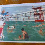 Cadre en bois avec une affiche la piscine vintage Rossignol 1960/70