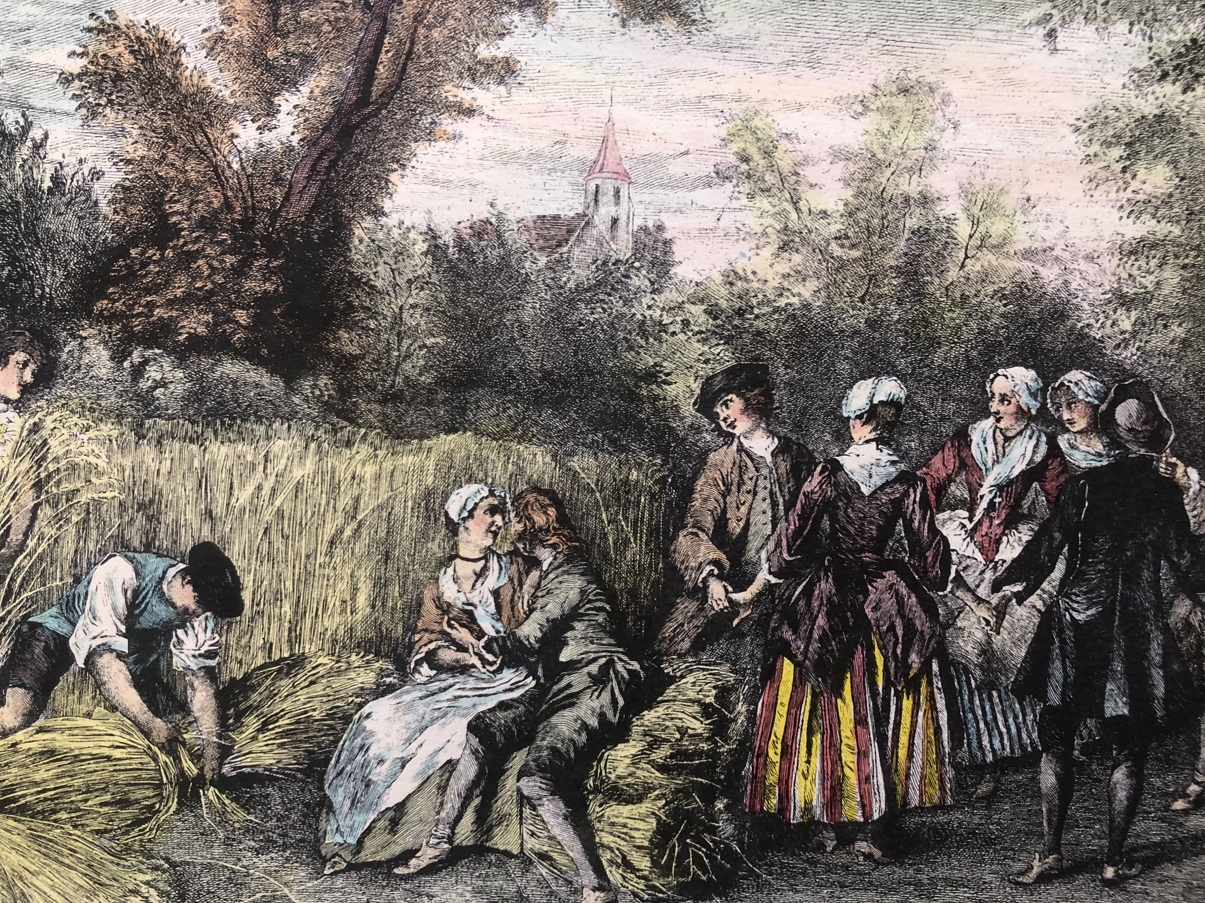 Set 4 lithograph les saisons after nicolas lancret, engraver chapollion and de mare, 20th century print