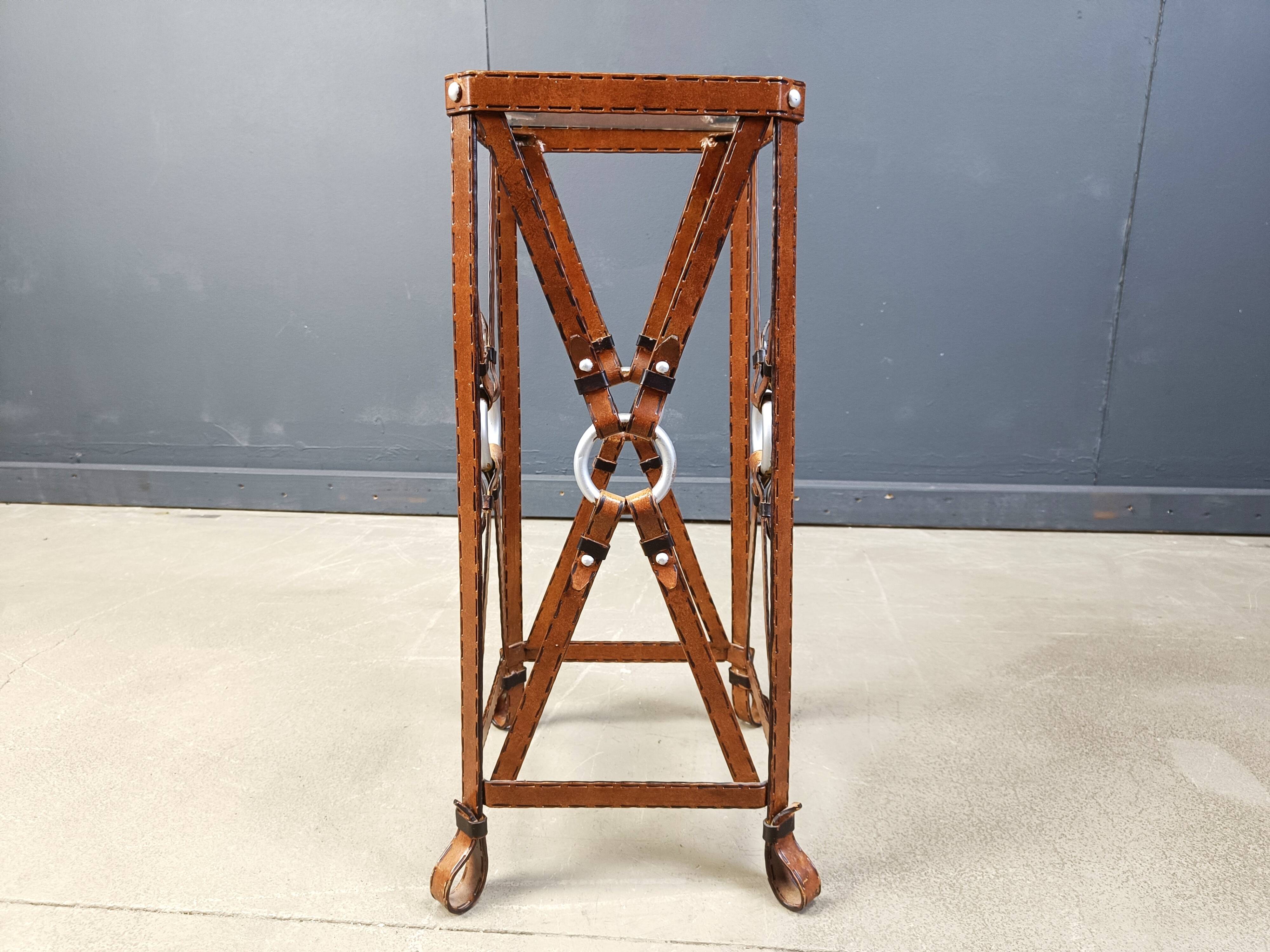 Iron Faux Leather Side Table in the style of Jacques Adnet