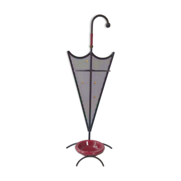 Vintage 1950s umbrella stand in metal, leather & burgundy ceramic, 50s rockabilly.