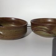2 Handcrafted green-brown stoneware bowls signed