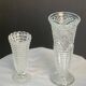 Set of two large, vintage, clear, molded glass vases on feet