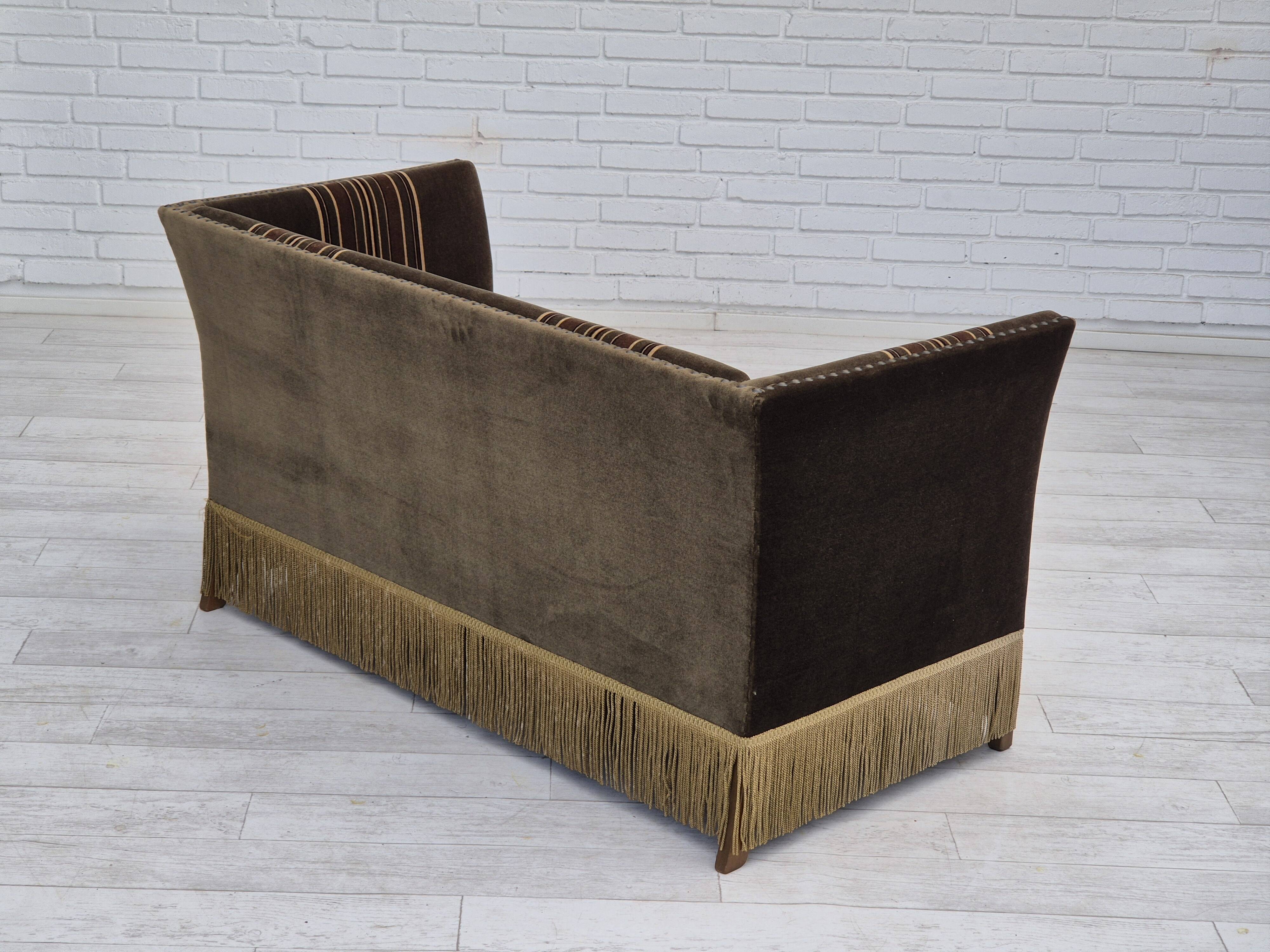 1970s, Danish 2 seater sofa, original condition, green velour, beech wood legs.