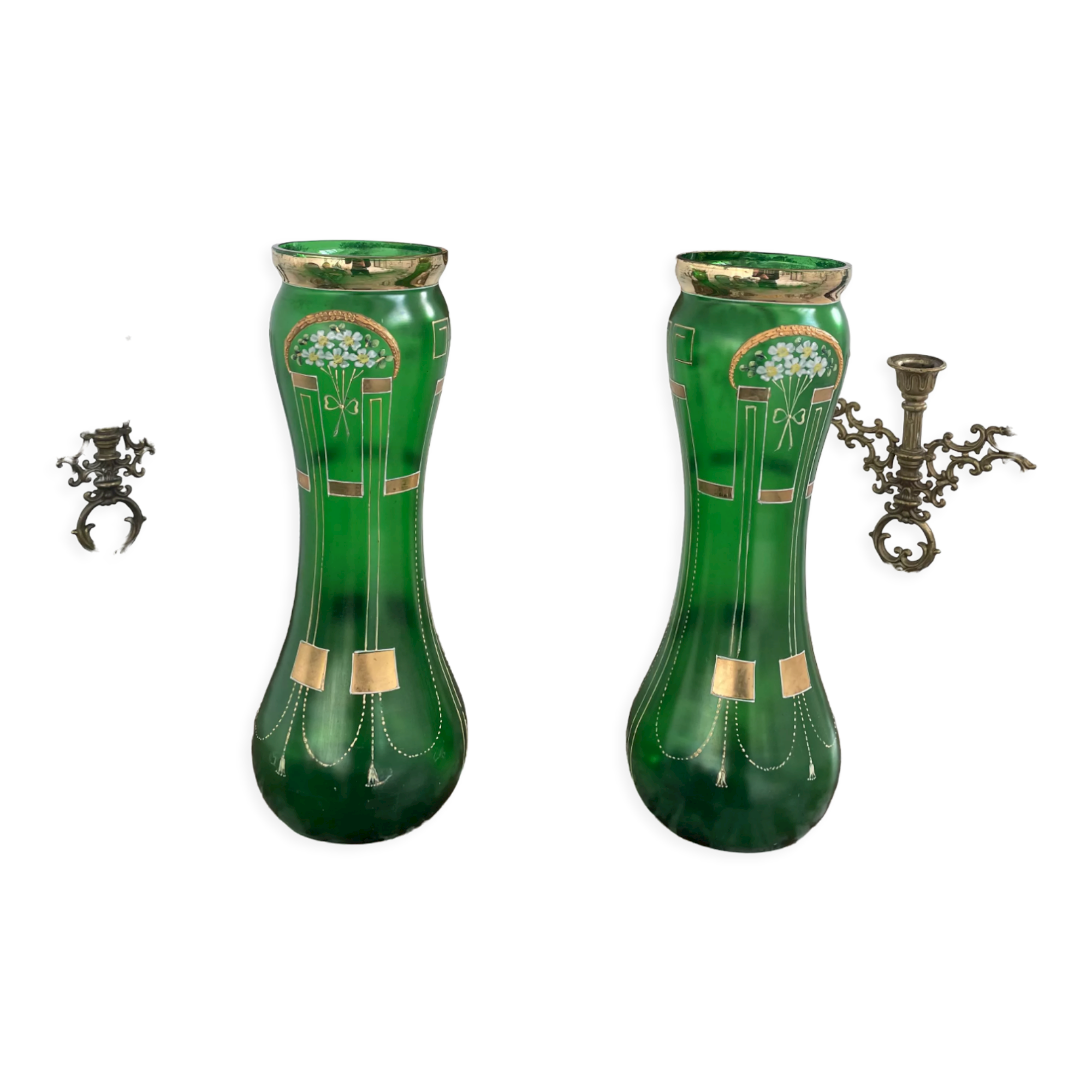 Antique, pair, green vases, flower decoration, golden, ART DECO, daisies, knot, hand painted