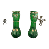 Paire de vases verts, décor fleurs, doré, art deco, marguerites, nœud, peint à la main, antique