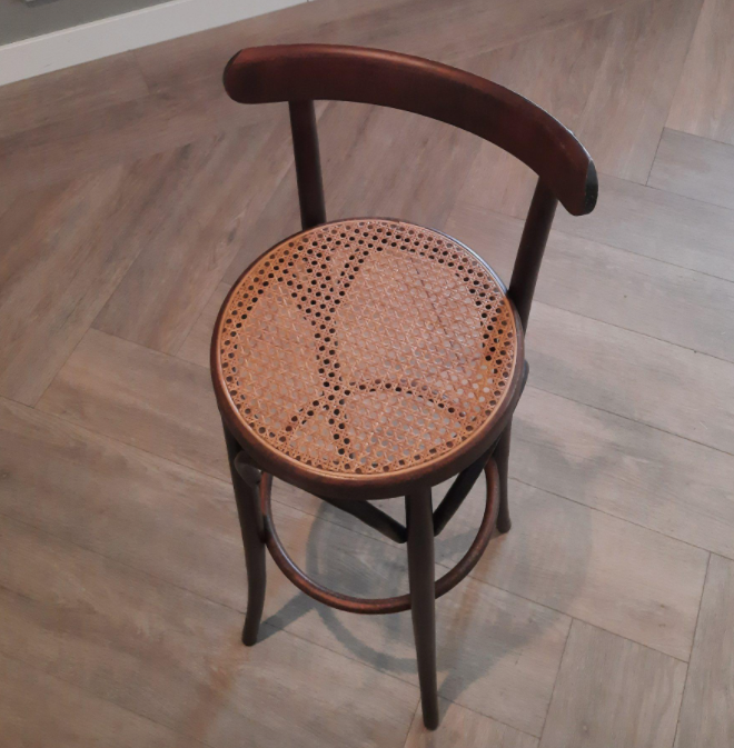 Set of 3 curved wooden bar stools with rattan seat 70s 80s