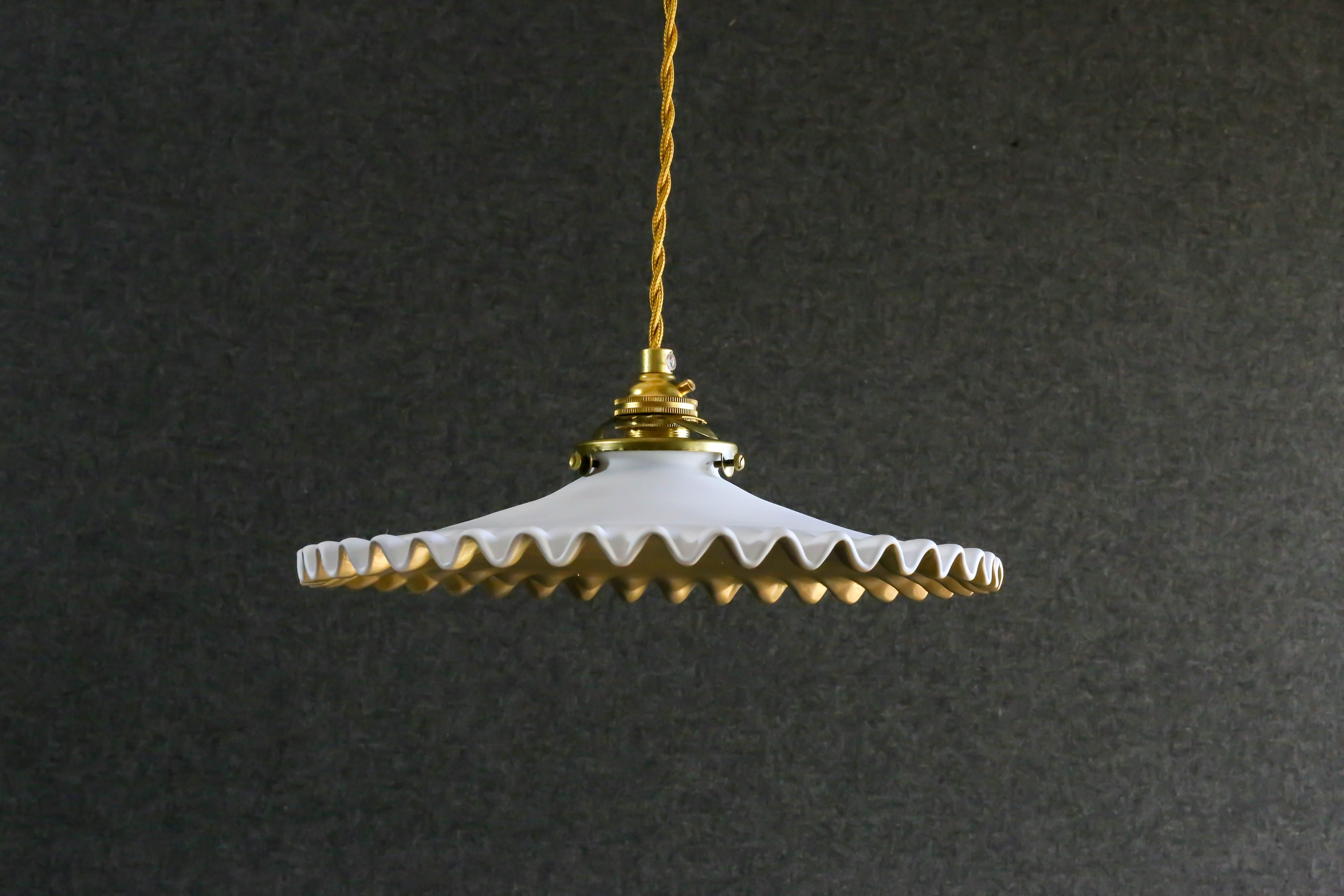 Old pendant light in opaline painted white and gold, new socket and new cable