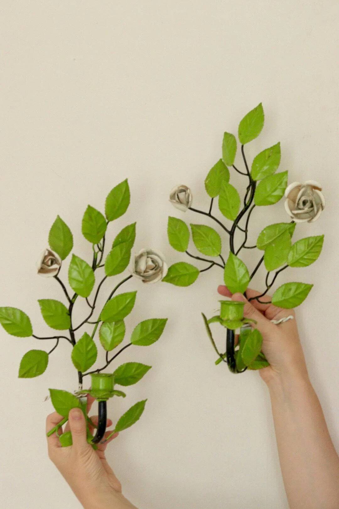 Pair of vintage green metal wall sconces – leaf-shaped