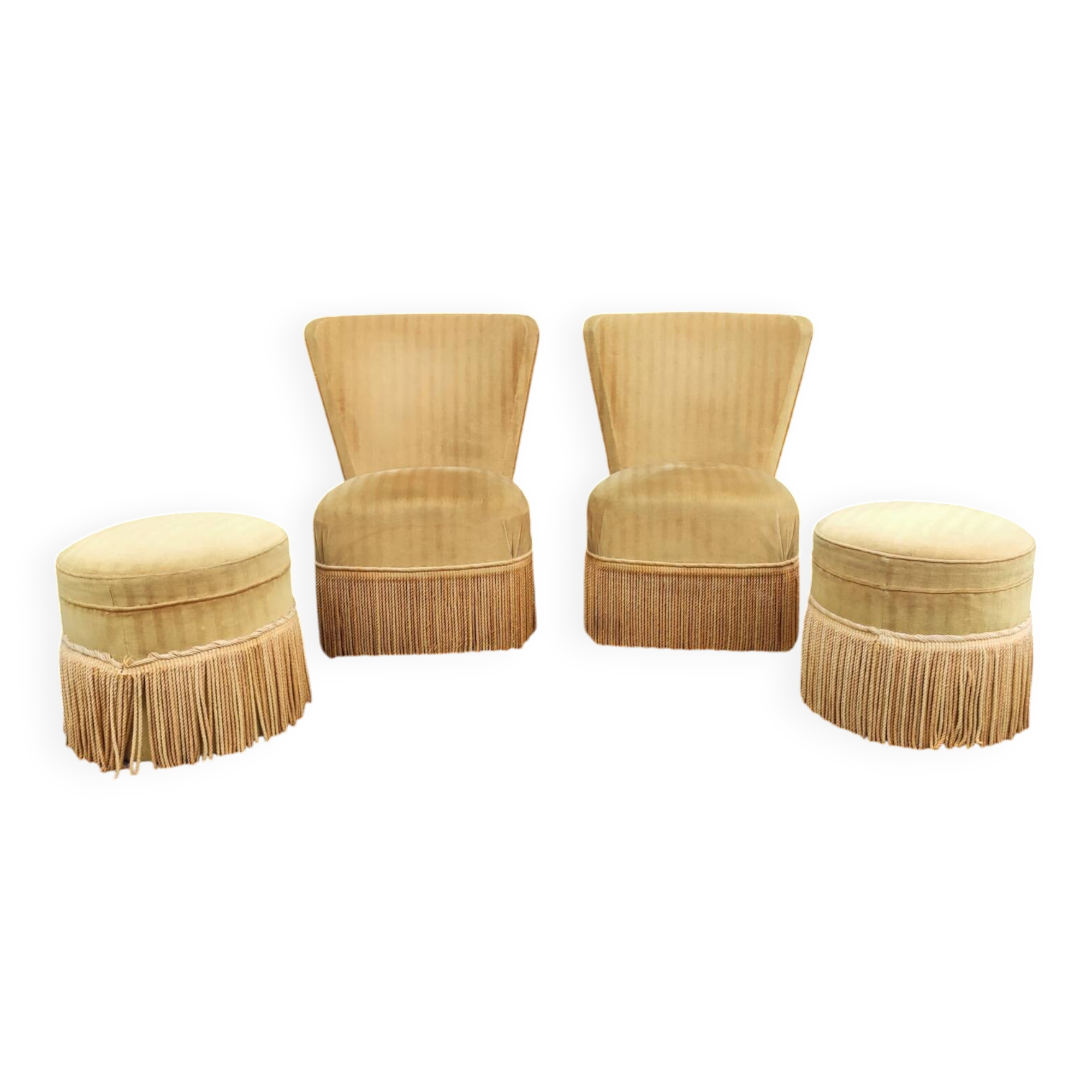 Pair of old toad armchairs with pouffe footrest
