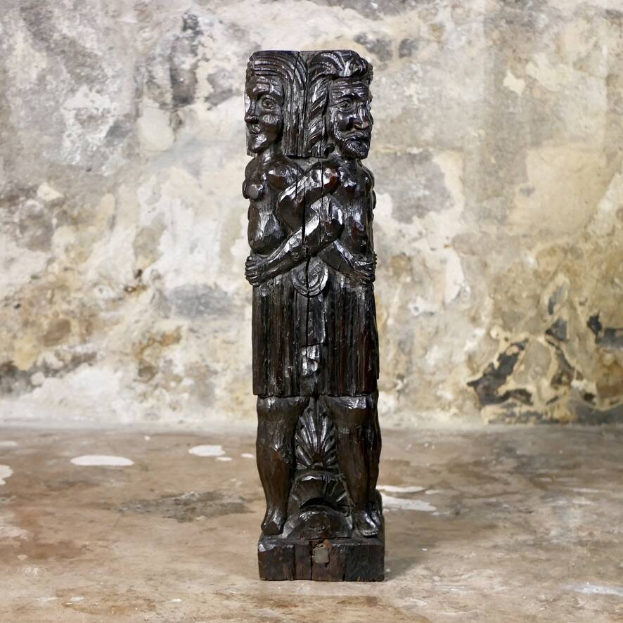 Adam and Eve wooden pedestal, religious art