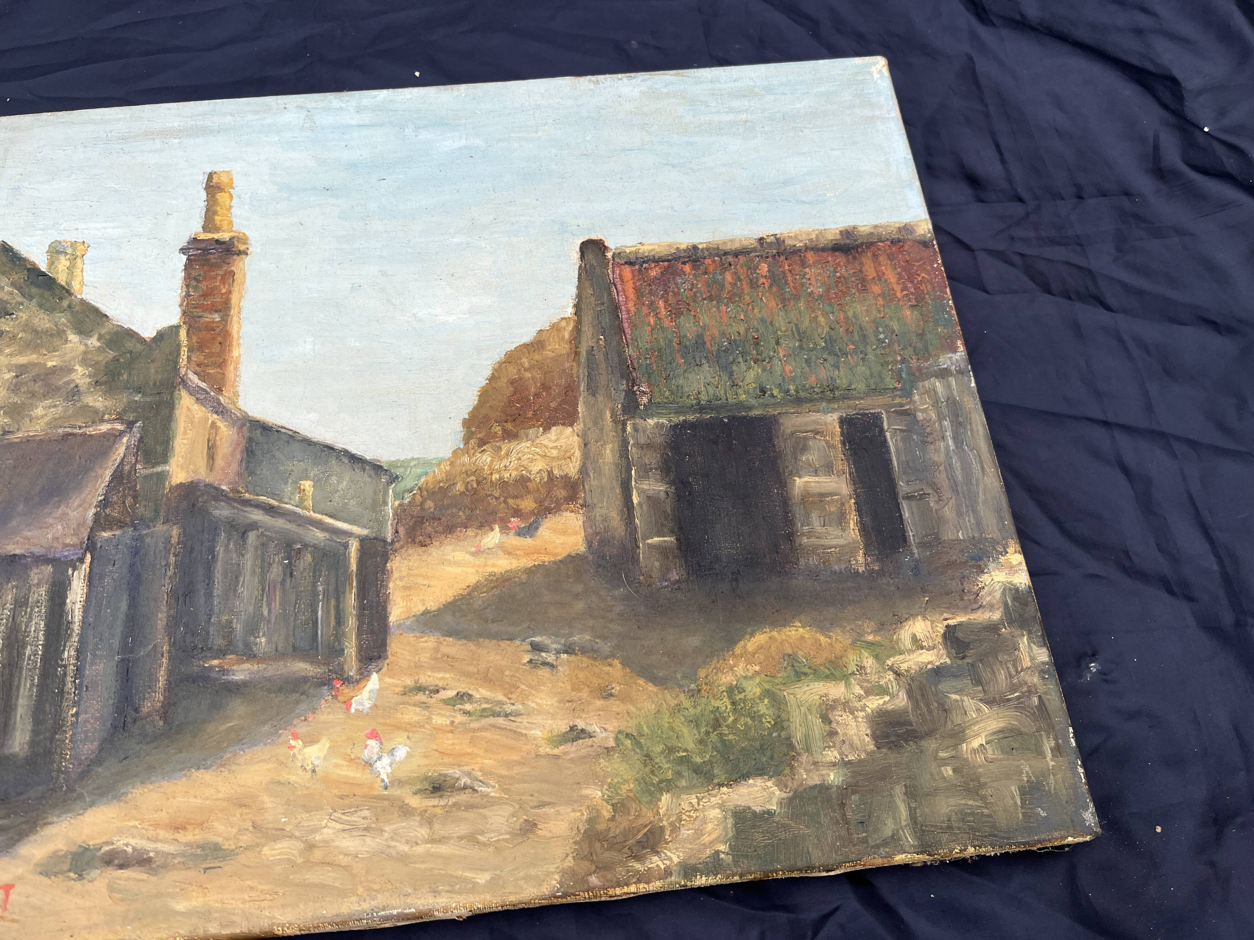 Painting on canvas signed “Wyett” – Village scene with chickens